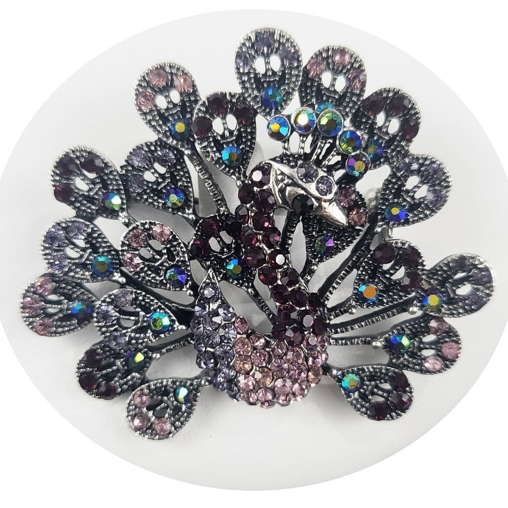 Silver Tone Peacock Brooch with Purple Crystals